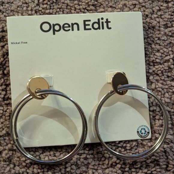 NEW Open Edit Nickel Free Rodium Drop Large Hoops Pierced Earrings Jewelry NWT - Picture 2 of 5
